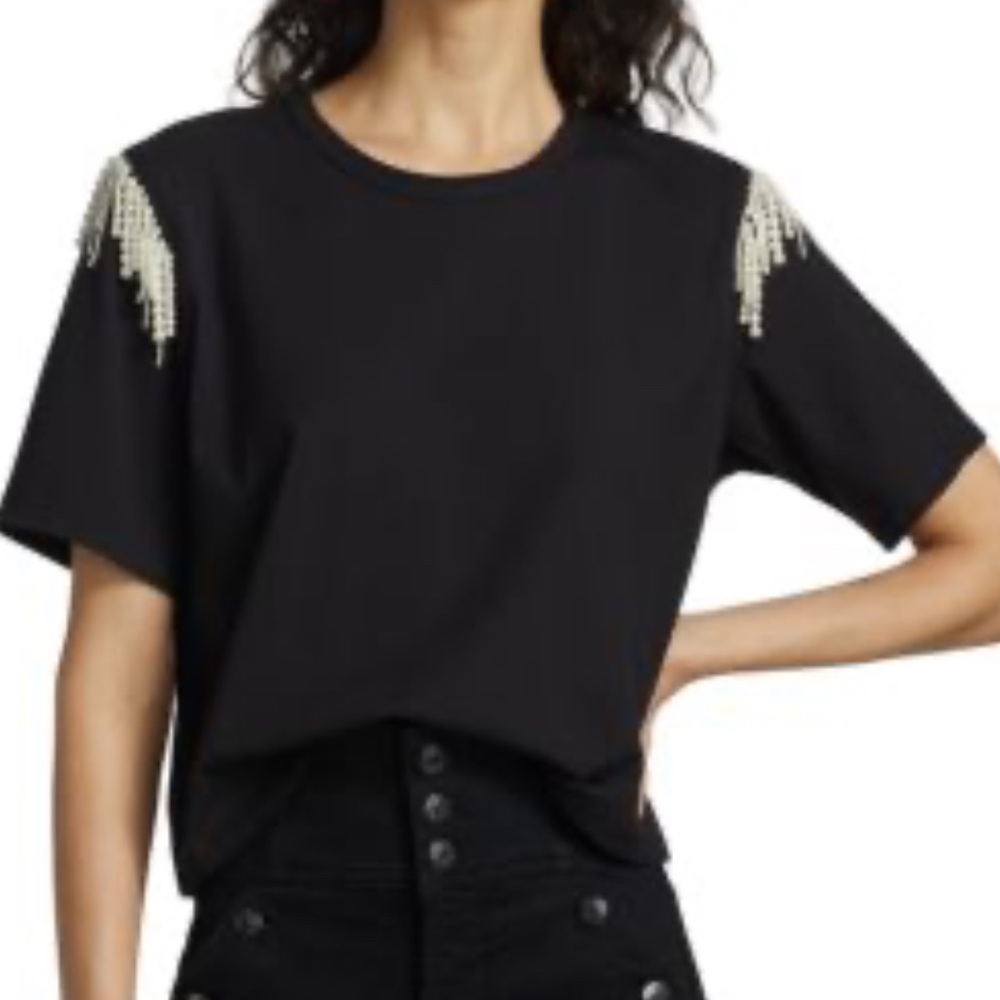 Pearl Fringe Shoulder Black TShirt